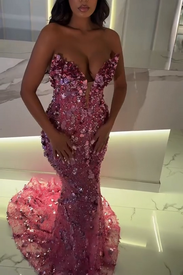 Niulatu Sweetheart Mermaid Pink Long Prom Dresses Tulle Sequin Pink Evening Dresses HZ1026